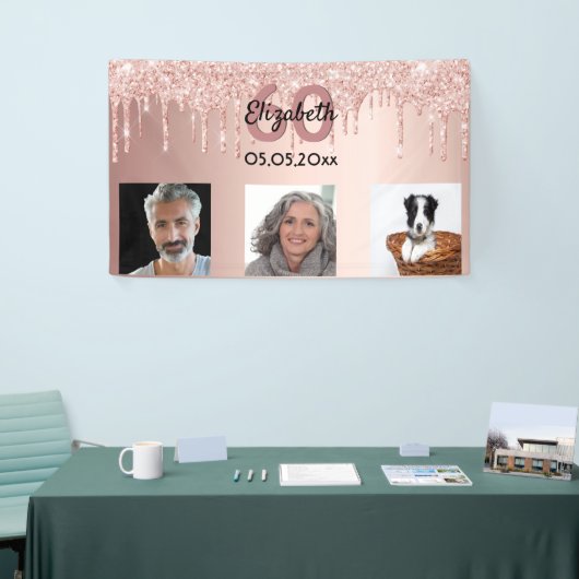 60歳の誕生日カスタム写真バラ金ゴールドピンクグリッター 横断幕 (トレードショー)