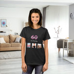 60歳の誕生日カスタム写真ピンクのモノグラム女性 Tシャツ<br><div class="desc">贈り物として、またはパーティーのために60歳の誕生日。自分の友人、家族、関心またはペットの写真の3つのコラージュ。パーソナライズして彼女の名前、年齢60と日付を追加。誕生日又は誕生日パーティーの日。ピンクと白の文字。</div>
