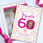 60歳の誕生日カスタム写真ピンク色の黄色紙吹雪 招待状<br><div class="desc">明るいカラフル紙吹雪ランダムドット誕生日60th驚きのパーティの招待状。濃いピンク、赤、サンゴ、黄金色と黄色の白。60の0の中央に自分の誕生日の女の子の写真を追加し、その逆にフルページの写真を追加する。60歳カスタマイズの誕生日と時間とパーティーの詳細と共にReverseは、ランダムな紙吹雪スタイルドットと大きな写真のための宇宙と深いピンク色の背景を持っている。その他の一致するアイテムとマイルストーンの誕生日の年が利用可能。オリジナルデザインby www.mylittleeden.com on zazzle.</div>