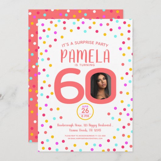 60歳の誕生日カスタム写真リビング珊瑚紙吹雪 招待状 (正面/裏面)