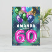60歳の誕生日カラフルなピンクの風船 60th 招待状 (スタンド正面)