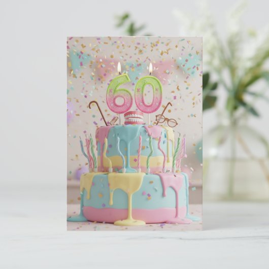 60歳の誕生日ケーキとロウソクのカード (スタンド正面)