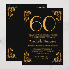 60歳の誕生日ゴージャス モダン ゴールド ブラック ヴィンテージ レトロ 招待状