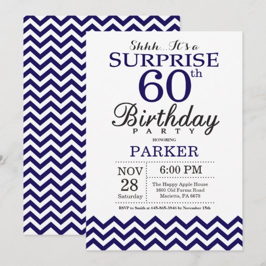 60歳の誕生日サプライズ ネイビーブルーのシェブロン 招待状 (正面/裏面)