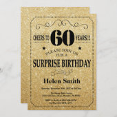 60歳の誕生日サプライズ ブラックとゴールドのグリッター 招待状 (正面/裏面)