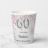 60歳の誕生日シルバーピンクグリッター 紙コップ (正面)