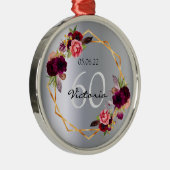 60歳の誕生日シルバーフラワージオメトリックバーガンディ メタルオーナメント (右)