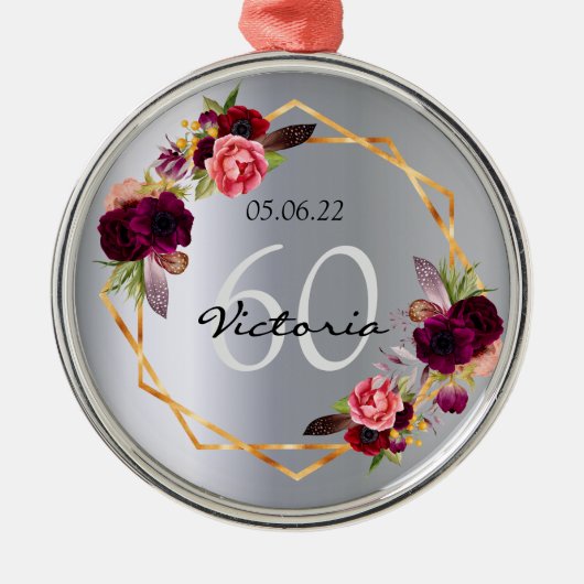 60歳の誕生日シルバーフラワージオメトリックバーガンディ メタルオーナメント (正面)