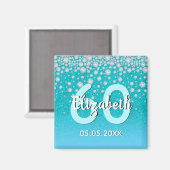 60歳の誕生日ターコイズブルーグリーン輝く名前ダイヤモンド マグネット (正面/裏面)