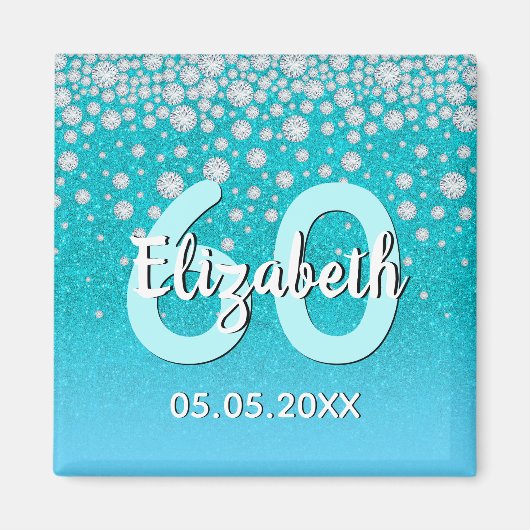 60歳の誕生日ターコイズブルーグリーン輝く名前ダイヤモンド マグネット (正面)