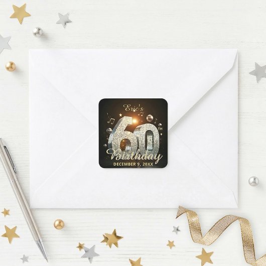 60歳の誕生日ディスコボール音楽テーマ ゴールド ブラック スクエアシール
