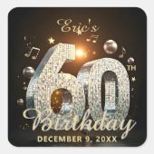 60歳の誕生日ディスコボール音楽テーマ ゴールド ブラック スクエアシール (正面)