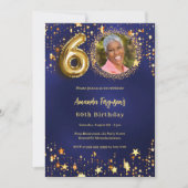 60歳の誕生日ネイビーブルー金ゴールドスター写真ラグジュアリー 招待状 (正面)