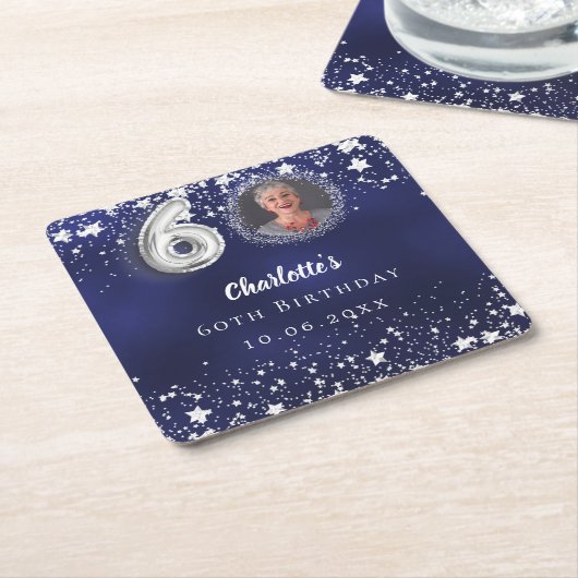 60歳の誕生日ネイビー・ブルー・シルバー・スターズの写真 スクエアペーパーコースター (アングル)