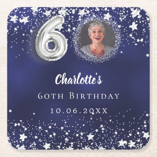 60歳の誕生日ネイビー・ブルー・シルバー・スターズの写真 スクエアペーパーコースター (正面)