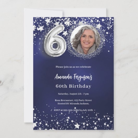 60歳の誕生日ネイビー・ブルー・シルバー・スターズの写真 招待状 (正面)