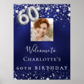 60歳の誕生日ネイビー・ブルー・シルバー・スターズ写真歓迎 ポスター (正面)