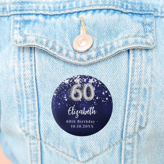 60歳の誕生日ネイビー・ブルー・シルバー・スターズ 缶バッジ