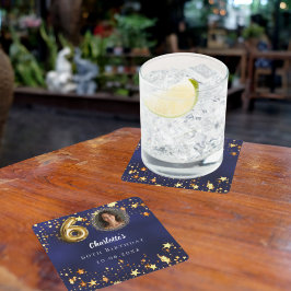 60歳の誕生日ネイビー・ブルー・金ゴールド・スターズ写真 スクエアペーパーコースター