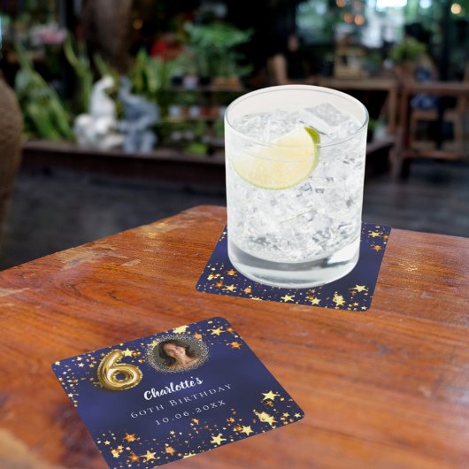 60歳の誕生日ネイビー・ブルー・金ゴールド・スターズ写真 スクエアペーパーコースター