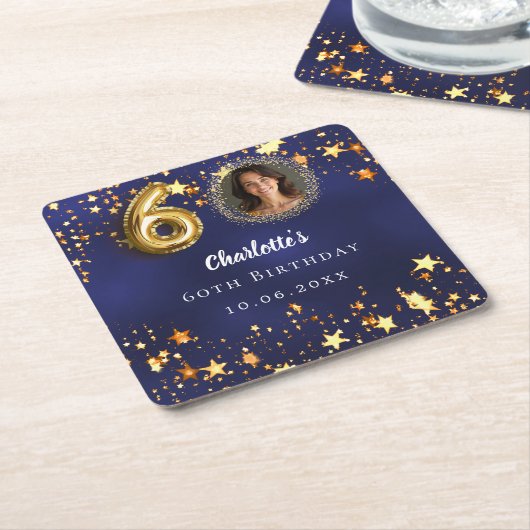 60歳の誕生日ネイビー・ブルー・金ゴールド・スターズ写真 スクエアペーパーコースター (アングル)
