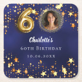 60歳の誕生日ネイビー・ブルー・金ゴールド・スターズ写真 スクエアペーパーコースター (正面)