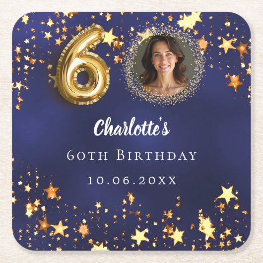 60歳の誕生日ネイビー・ブルー・金ゴールド・スターズ写真 スクエアペーパーコースター (正面)
