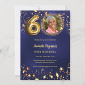 60歳の誕生日ネイビー・ブルー・金ゴールド・スターズ写真 招待状 (正面)