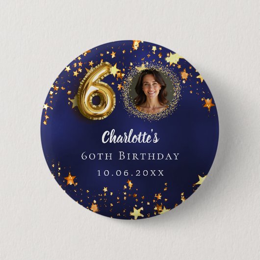 60歳の誕生日ネイビー・ブルー・金ゴールド・スターズ写真 缶バッジ (正面)