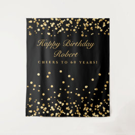 60歳の誕生日バックドロップ、ブラックとゴールドのフォトブース タペストリー