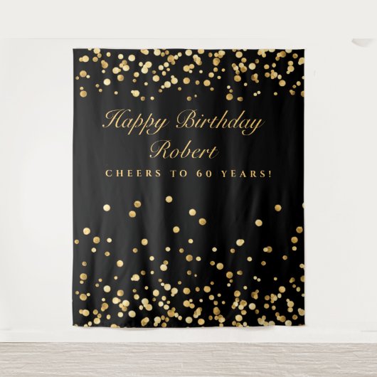 60歳の誕生日バックドロップ、ブラックとゴールドのフォトブース タペストリー (正面)
