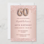 60歳の誕生日バラ金ゴールドグリッターはピンクのガラスを乾燥 招待状 (正面)