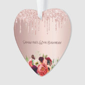 60歳の誕生日バラ金ゴールドグリッタードリップピンク花模様 オーナメント (正面)