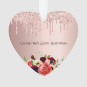 60歳の誕生日バラ金ゴールドグリッタードリップピンク花模様 オーナメント (正面)
