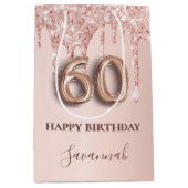 60歳の誕生日バラ金ゴールドグリッターピンクバルーンスタイル ミディアムペーパーバッグ (正面)