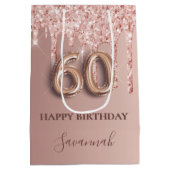 60歳の誕生日バラ金ゴールドグリッターピンクバルーンスタイル ミディアムペーパーバッグ (裏面)