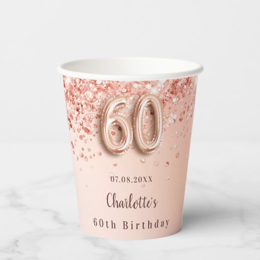60歳の誕生日バラ金ゴールドグリッターモノグラム名 紙コップ (裏面)