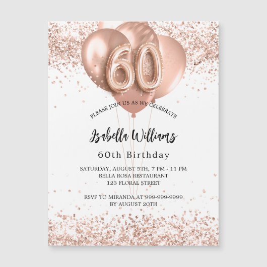 60歳の誕生日バラ金ゴールドバルーン白い贅沢 マグネット招待状 (正面)