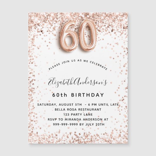 60歳の誕生日バラ金ゴールドホワイトスパークルズ マグネット招待状 (正面)
