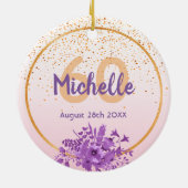 60歳の誕生日バラ金ゴールド紫の花模様名 セラミックオーナメント (裏面)