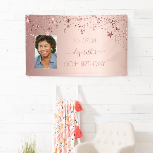 60歳の誕生日バラ金ゴールド赤面星写真 横断幕 (インサイチュ)