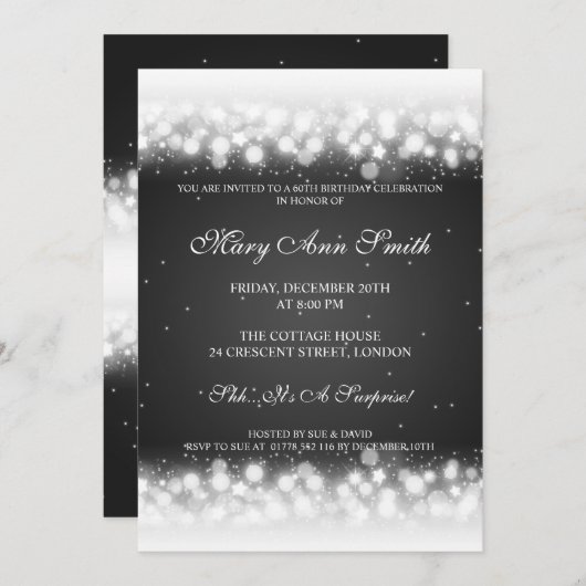 60歳の誕生日パエレガントーティー魔法スパークルブラック 招待状