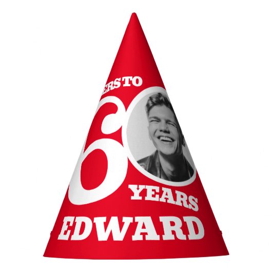 60歳の誕生日パーソナライズされた写真白い赤 パーティーハット (正面)