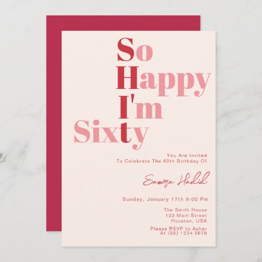 60歳の誕生日パーティはっきりしたーで幸せ 招待状 (正面/裏面)