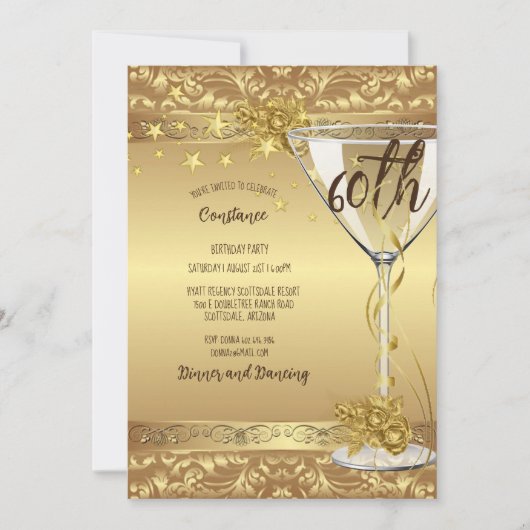 60歳の誕生日パーティエレガントー金ゴールドが花を渦巻く 招待状 (正面)