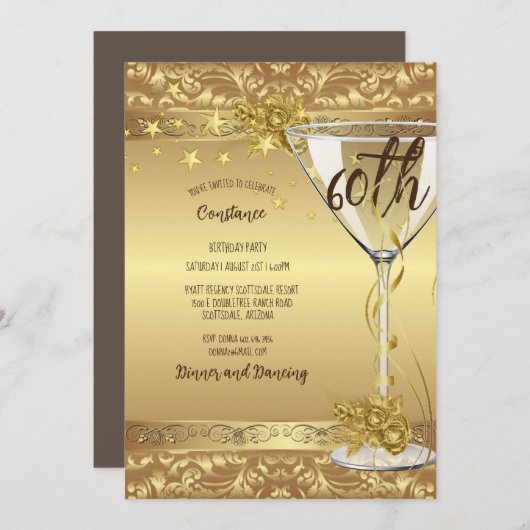 60歳の誕生日パーティエレガントー金ゴールドが花を渦巻く 招待状 (正面/裏面)