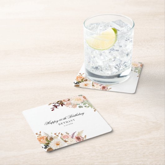 60歳の誕生日パーティーがフローラを好カスタムむ スクエアペーパーコースター (インサイチュ)