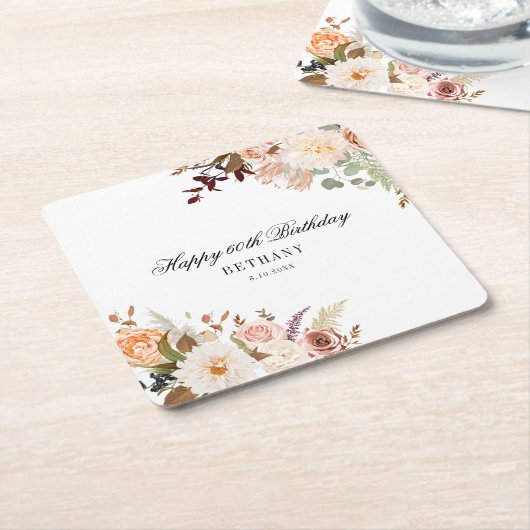 60歳の誕生日パーティーがフローラを好カスタムむ スクエアペーパーコースター (アングル)
