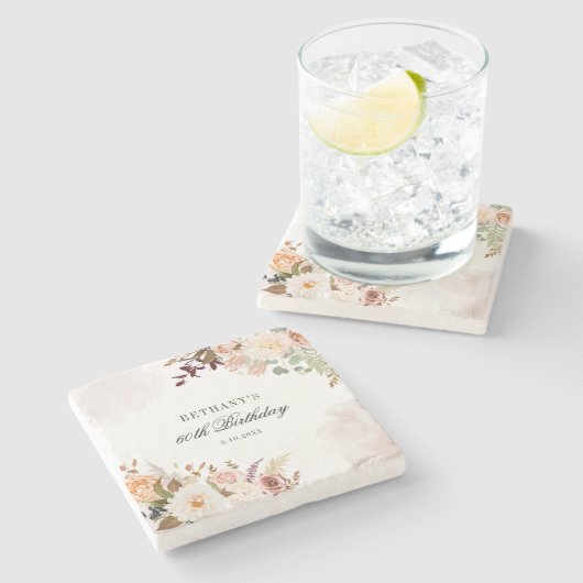 60歳の誕生日パーティーがフローラを好カスタムむ ストーンコースター (横)