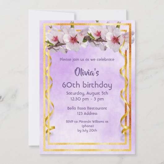 60歳の誕生日パーティーでさくらんぼの花が紫色に 招待状 (正面)